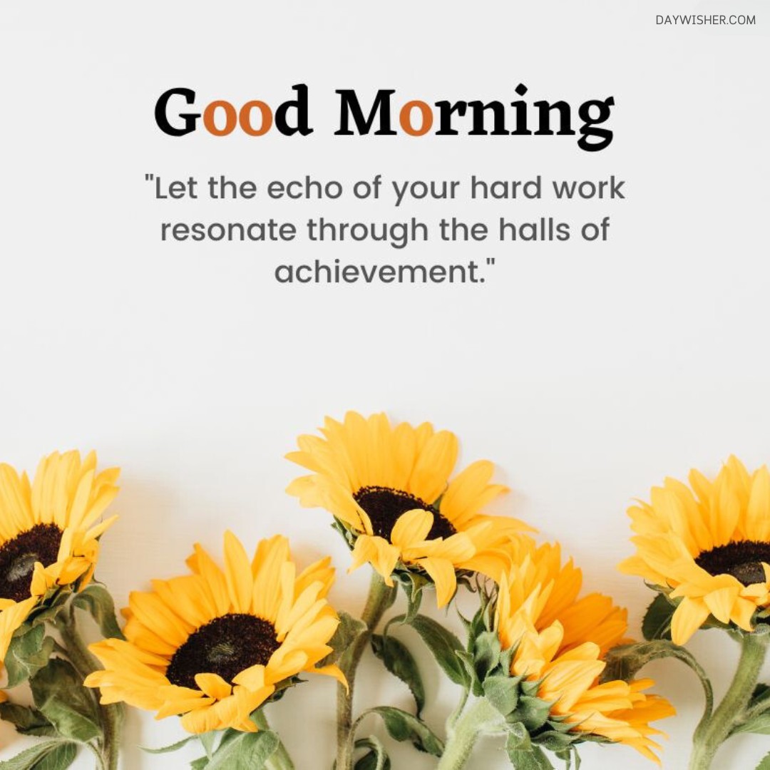 A fresh arrangement of bright yellow sunflowers with rich dark centers displayed against a clean white background. This good morning flowers image is enhanced by an inspiring quote about the impact of hard work, ideal for a motivational start to the day. Perfect for those seeking uplifting and beautiful good morning flowers images.