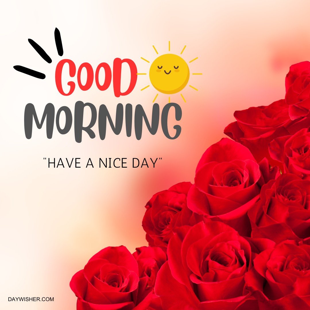 A cheerful display featuring lush red roses clustered at the bottom with a playful, smiling sun illustration at the top, set against a warm gradient background. The bold lettering "Good Morning" and the phrase "Have a Nice Day" add a positive and inviting touch. Perfect for enhancing any post with the keyword "Good Morning Red Rose Images," this image is ideal for sending sunny and optimistic morning greetings.