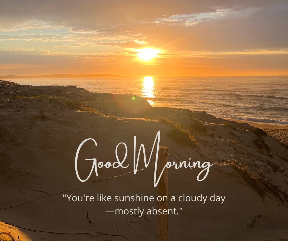 A serene sunrise over a sandy beach with the sun casting a warm, golden glow over the ocean. The text "Good Morning" is displayed along with the humorous quote "You're like sunshine on a cloudy day—mostly absent." This beautiful image captures the essence of a good morning with natural sunshine, perfect for sharing positivity and a touch of humor.