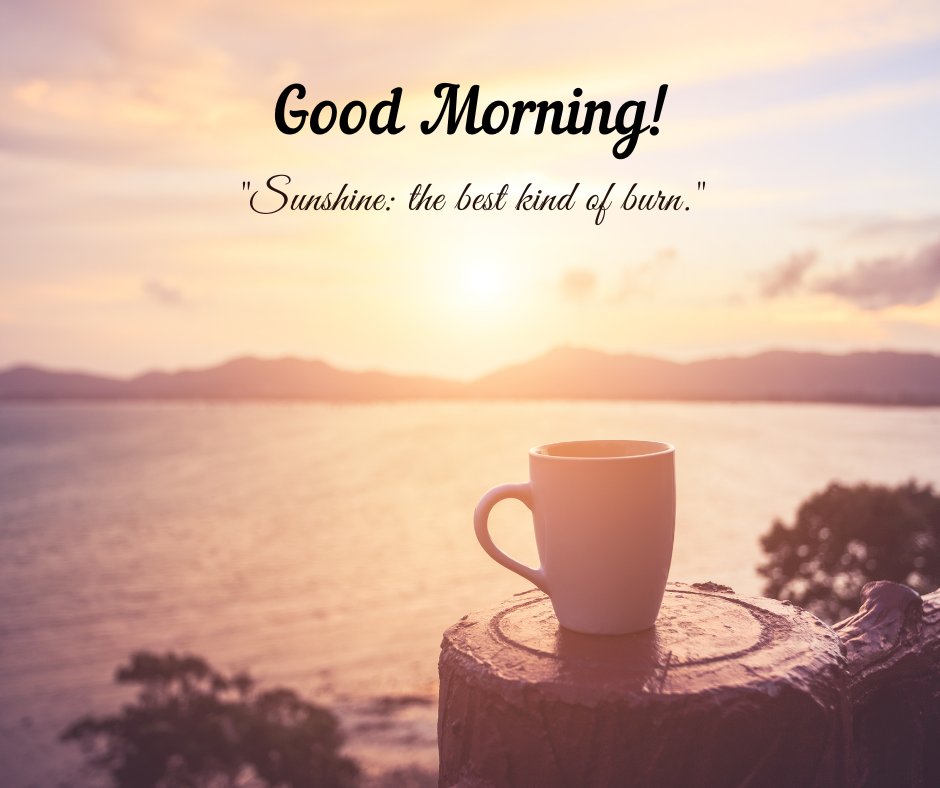 A tranquil good morning sunshine image featuring a coffee cup on a tree stump, set against a serene sunrise over the ocean. The caption "Sunshine: the best kind of burn." offers a playful twist, celebrating the invigorating feeling of morning light. This image captures the perfect blend of peace and awakening, ideal for starting the day with warmth and a refreshed perspective.