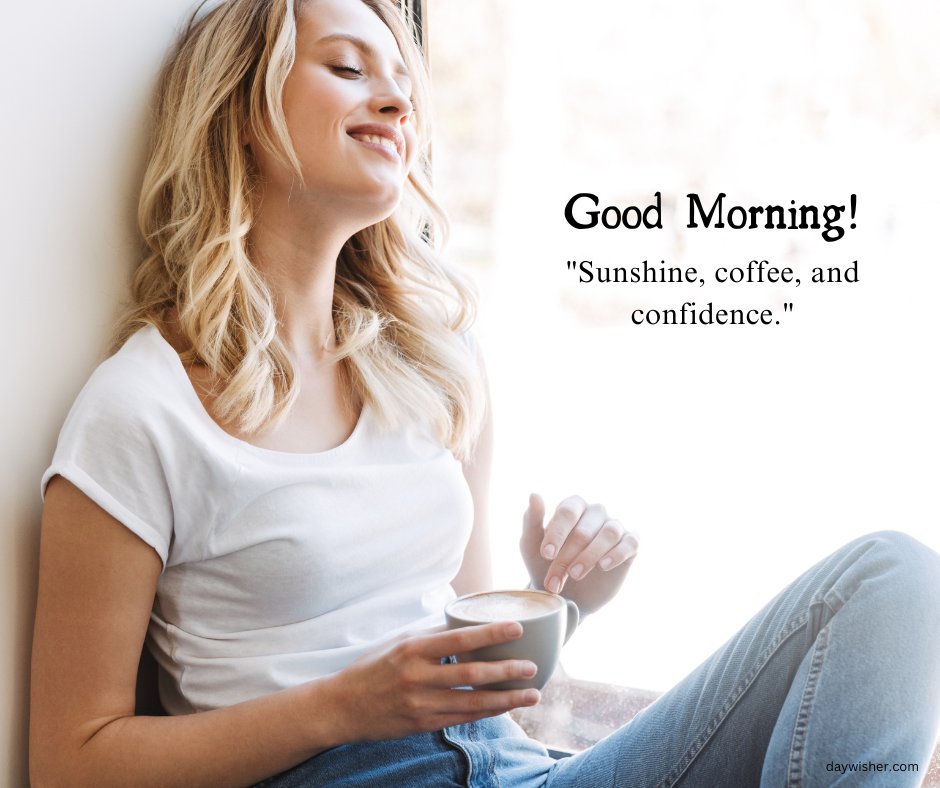 A refreshing good morning sunshine image featuring a happy woman enjoying her morning coffee by a sunny window. The caption "Sunshine, coffee, and confidence." encapsulates a perfect start to the day with a blend of warmth, energy, and self-assurance. This image conveys a sense of peace and contentment, making it ideal for inspiring a confident and joyful morning routine. Perfect for sharing as a morning greeting that promotes a positive and empowering start to the day.