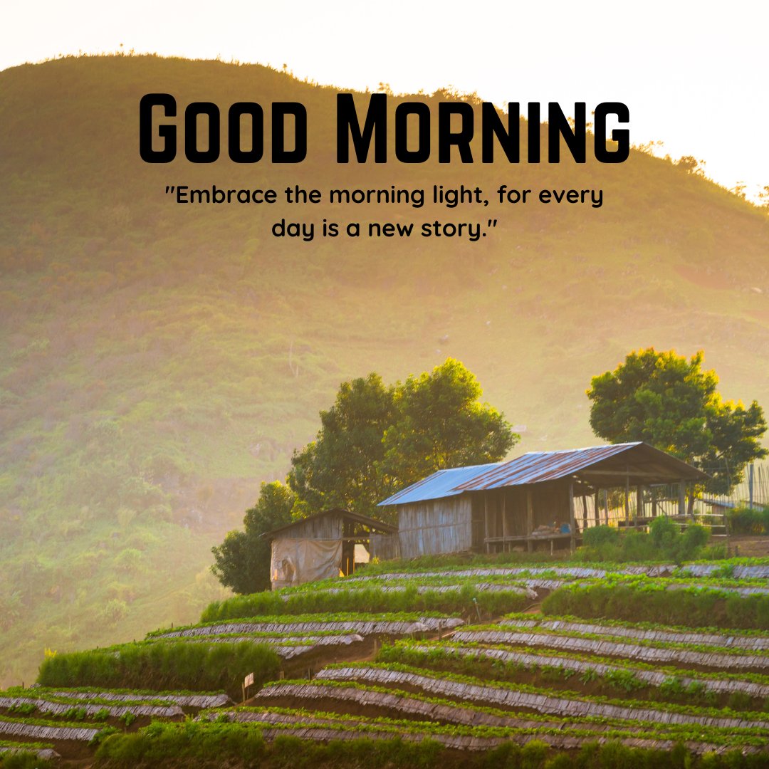 A serene morning scene with a rustic farmhouse nestled among lush green terraced fields, illuminated by the warm morning light. The text "Good Morning" is displayed along with the quote "Embrace the morning light, for every day is a new story." This beautiful image captures the essence of a natural good morning with sunshine, perfect for sharing positivity and inspiration.