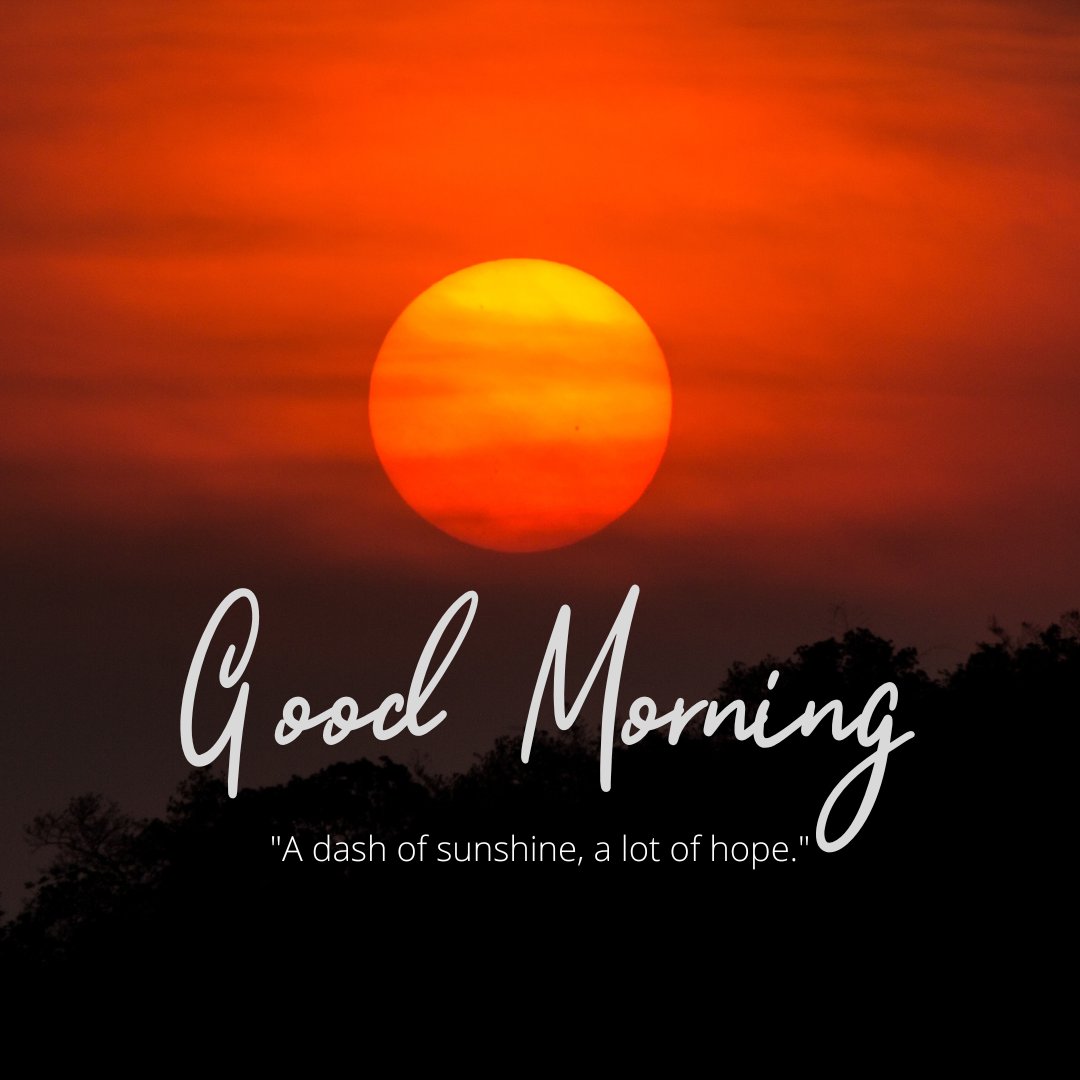 A vibrant orange sunrise with the sun glowing brightly against the horizon, casting a warm light over the landscape. The text "Good Morning" is displayed prominently, accompanied by the quote "A dash of sunshine, a lot of hope." This beautiful image captures the essence of a good morning with natural sunshine and an inspiring message, perfect for sharing positive vibes.