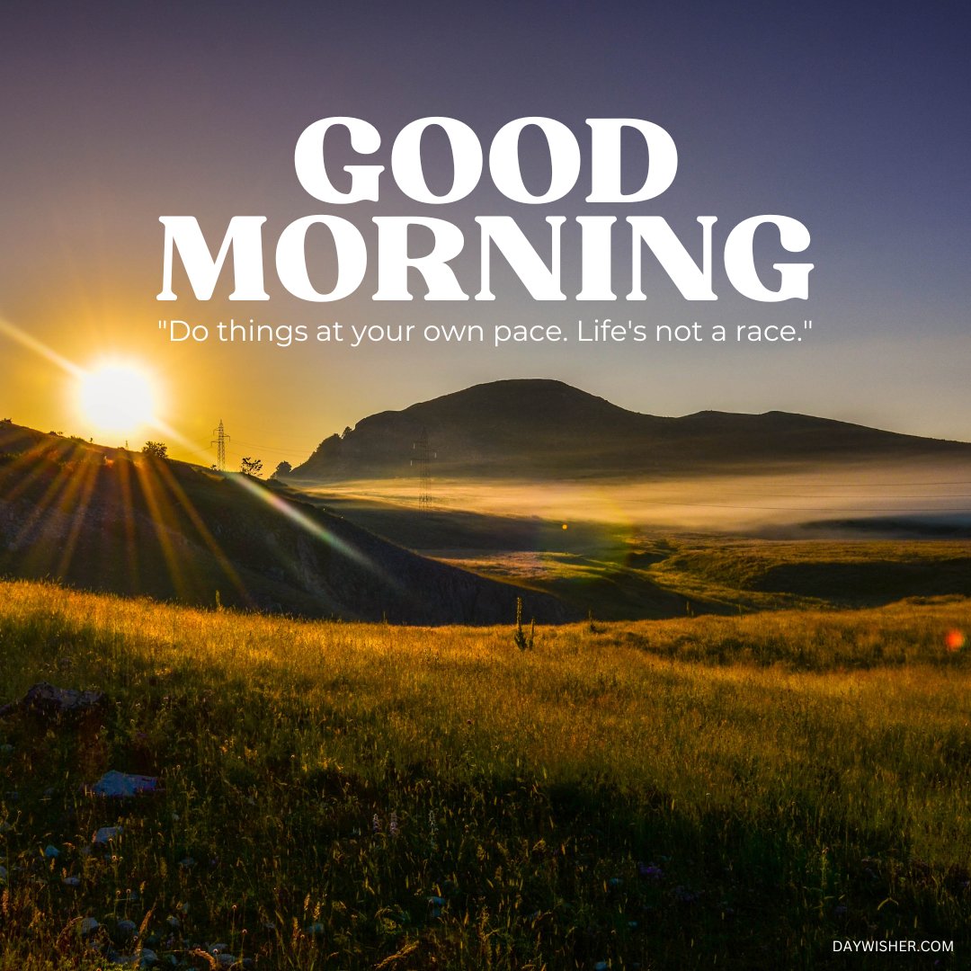 Beautiful good morning sunshine image featuring a radiant sunrise over a hilly landscape with soft morning mist. The image includes an inspirational quote "Do things at your own pace. Life's not a race." providing a serene and motivational start to the day. Perfect for sharing warmth and positivity