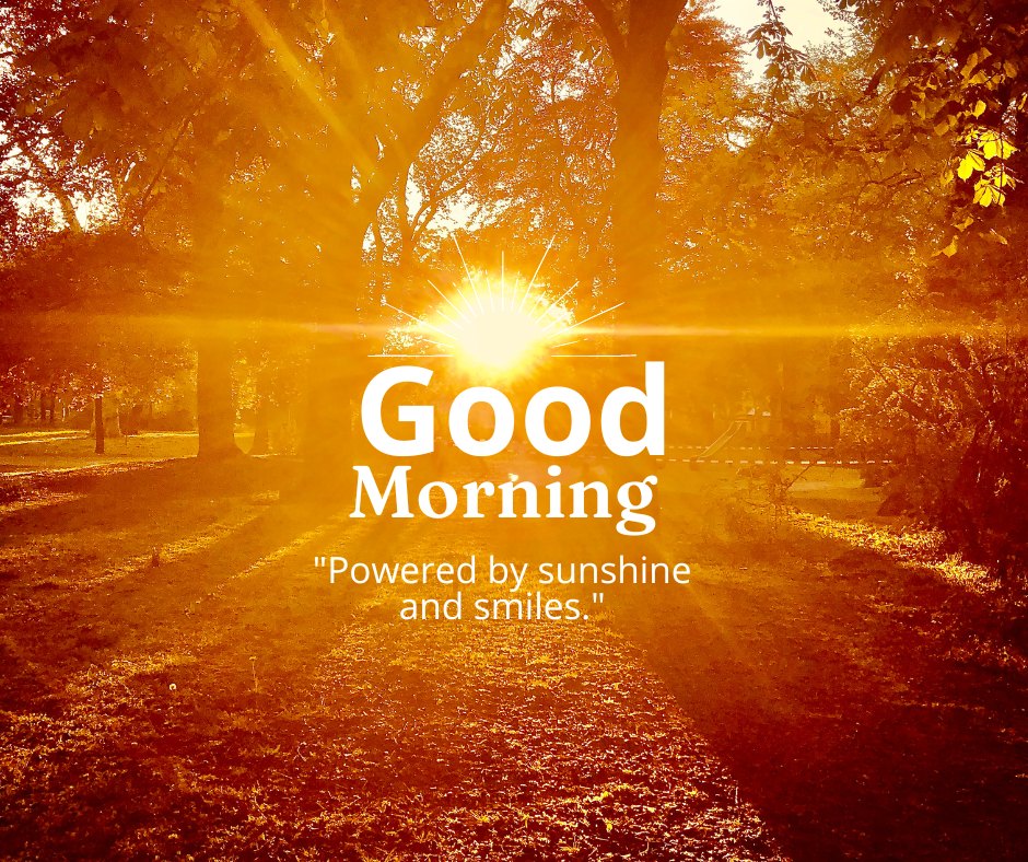 A breathtaking good morning sunshine image capturing the sun's rays piercing through the lush foliage of a peaceful park, accompanied by the cheerful caption "Powered by sunshine and smiles." This image beautifully conveys the joy and energy brought by a sunny morning, making it an ideal choice for starting the day with optimism and warmth. Perfect for spreading a message of happiness and natural beauty in morning greetings.