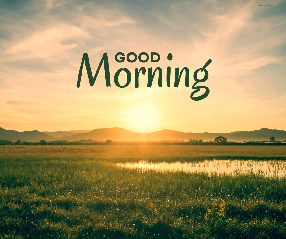 A scenic good morning sunshine image capturing the serene sunrise over a lush field, bathed in golden light. The text "Good Morning" overlays the scene, enhancing the inviting and peaceful morning mood. This image is perfect for sharing as a gentle, natural morning greeting.