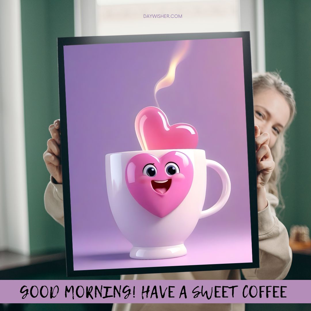 An imaginative good morning greeting featuring a large pink coffee cup with a charming face and a heart-shaped steam, held up by a woman, perfect for sharing as good morning coffee images that brighten your day.