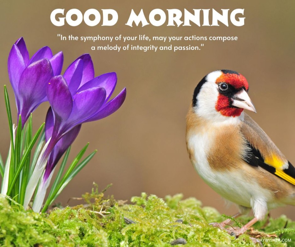 A vibrant scene featuring a goldfinch perched beside purple crocuses blooming from lush green moss. The bird, with its distinctive red face and black and white head markings, adds a charming contrast to the vivid purple of the flowers. This beautiful natural tableau is set against a soft, earthy background that enhances the bright colors of the bird and flowers. Accompanied by an inspiring morning quote, this image is perfect for starting the day with a message of integrity and passion.