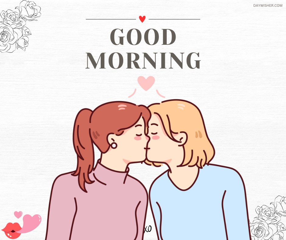 An illustration of two women sharing a gentle kiss, with the words "Good Morning" written above and "xoxo" below on a white background. Pink hearts and floral accents add a romantic touch, making this image perfect for a sweet and affectionate morning greeting.