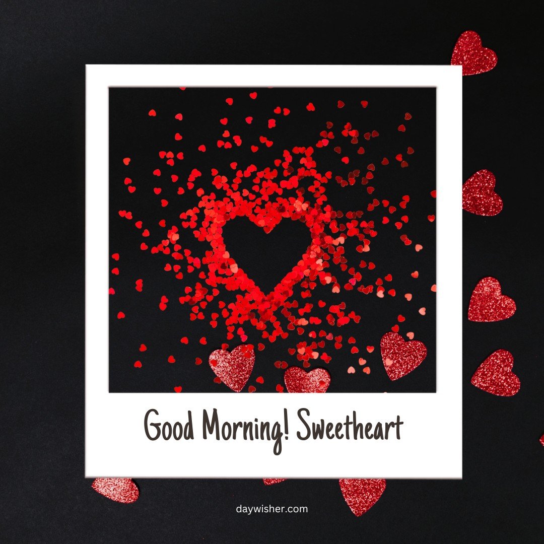 A captivating good morning heart image featuring a heart shape made from scattered red glitter hearts on a black background. The image is framed with a white border, and below, the text reads "Good Morning! Sweetheart." This romantic and visually striking image is perfect for sending affectionate morning greetings to loved ones.