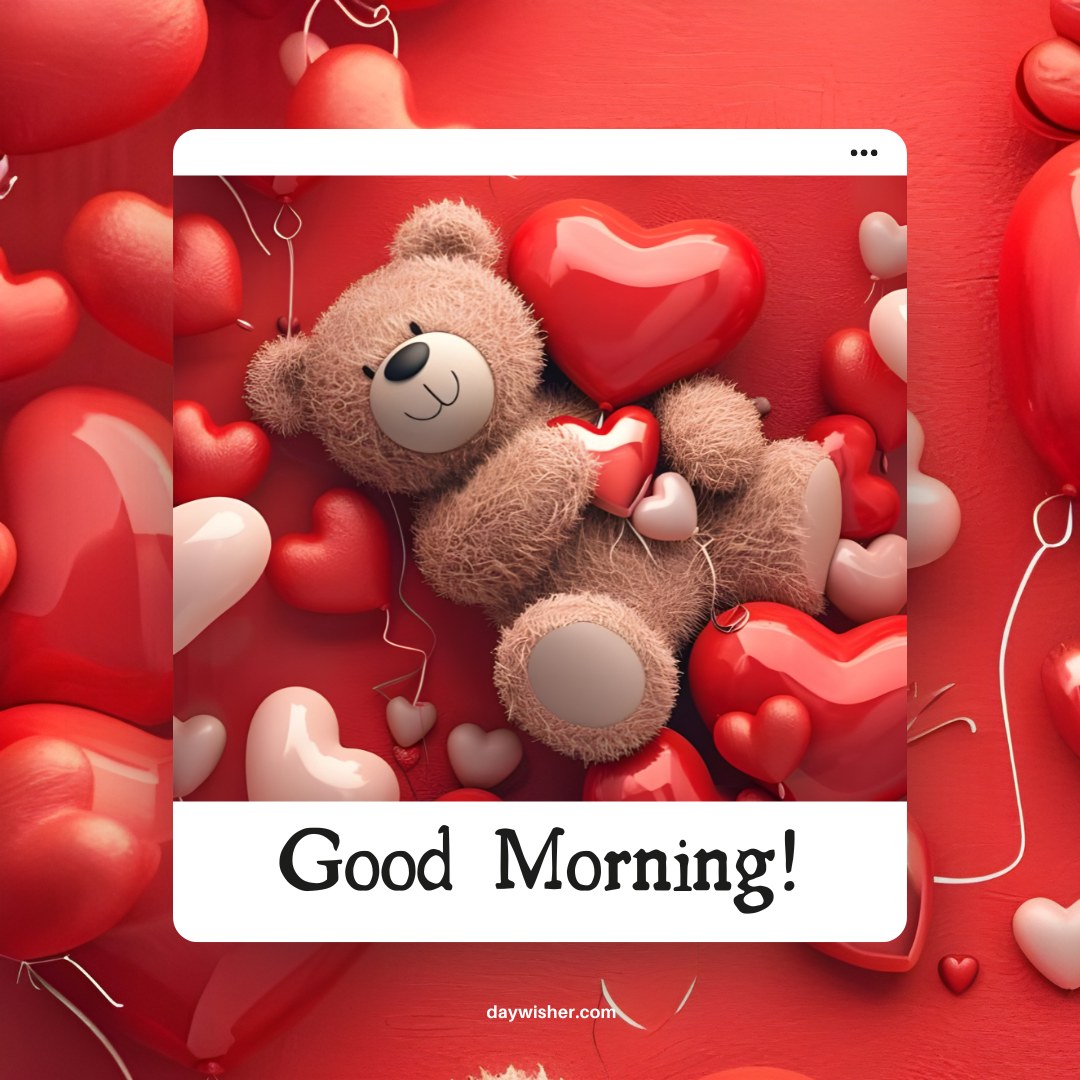 A cozy good morning teddy bear lying among red and white heart-shaped balloons. The image features the text "Good Morning!" in a cheerful font, creating a festive and heartwarming atmosphere.