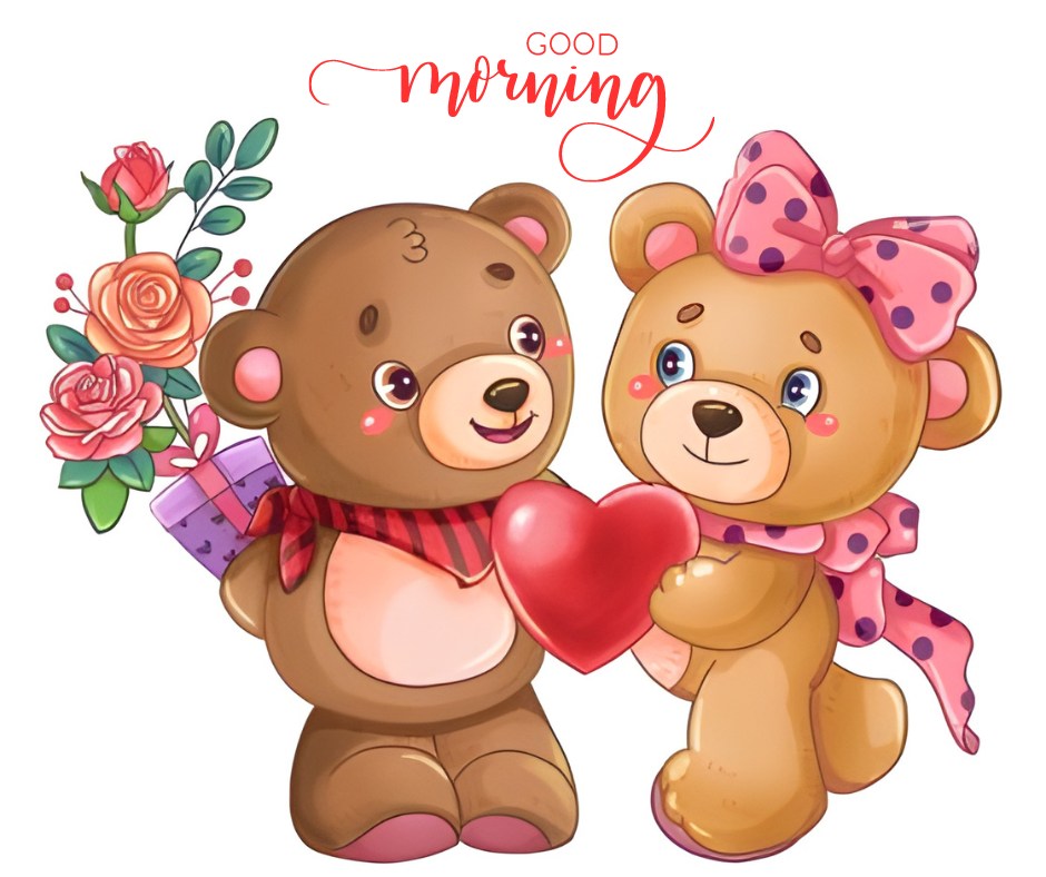 Two cute teddy bears holding a red heart and a bouquet of flowers with the text "Good Morning" in red script above them. The teddy bear on the left is brown with a red scarf, and the teddy bear on the right has a pink bow and polka dots. The image conveys a sweet and romantic morning greeting