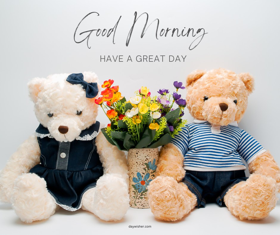 Two good morning teddy bears dressed in cute outfits sitting next to a vase of colorful flowers. The image features the text "Good Morning - Have a Great Day," creating a cheerful and inviting scene.