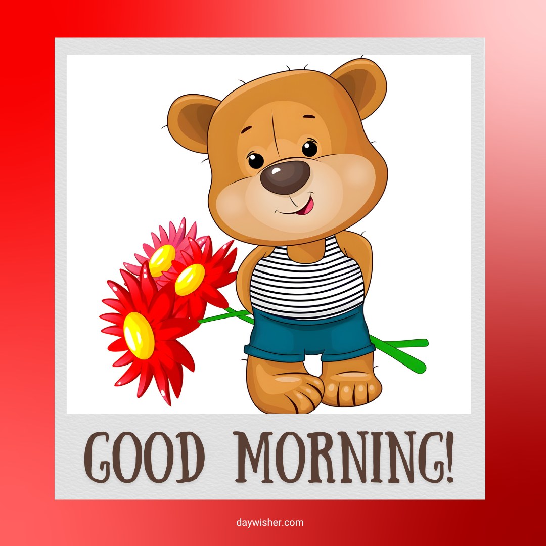 An adorable teddy bear wearing a striped tank top and blue shorts, holding a bouquet of red and yellow flowers. The image has "Good Morning!" text at the bottom, set against a red gradient background, creating a cheerful and welcoming greeting.