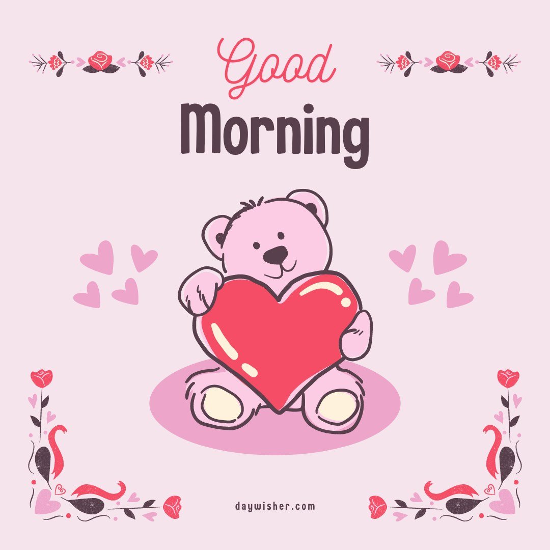 A cute good morning heart image featuring a pink teddy bear holding a large red heart. The background is light pink with floral decorations at the corners and small floating hearts around the teddy bear. The text "Good Morning" is displayed prominently at the top. This charming and adorable image is perfect for sending cheerful and loving morning greetings.