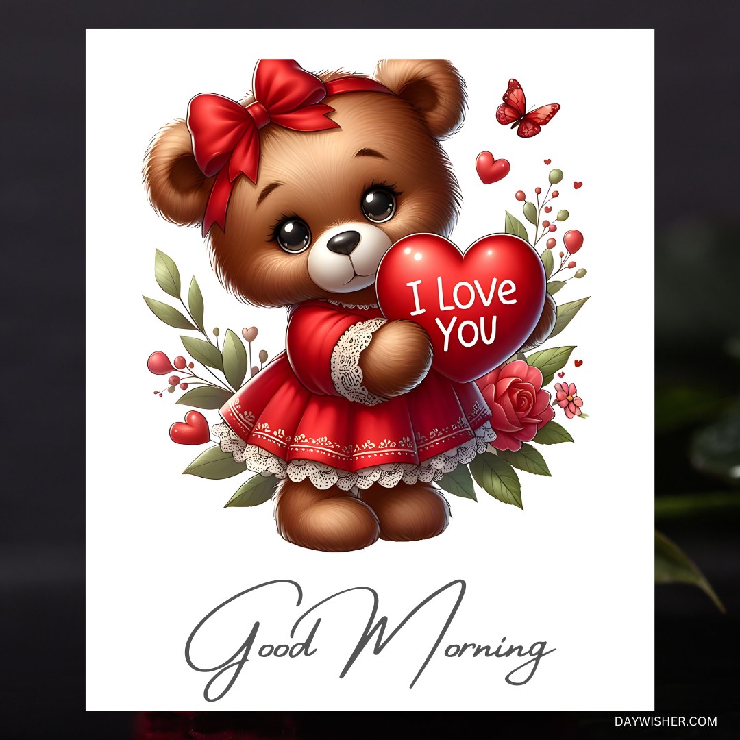 A cute good morning teddy bear wearing a red dress and holding a heart that says "I Love You." The image features decorative flowers and hearts, with the text "Good Morning" at the bottom, creating a loving and cheerful scene.