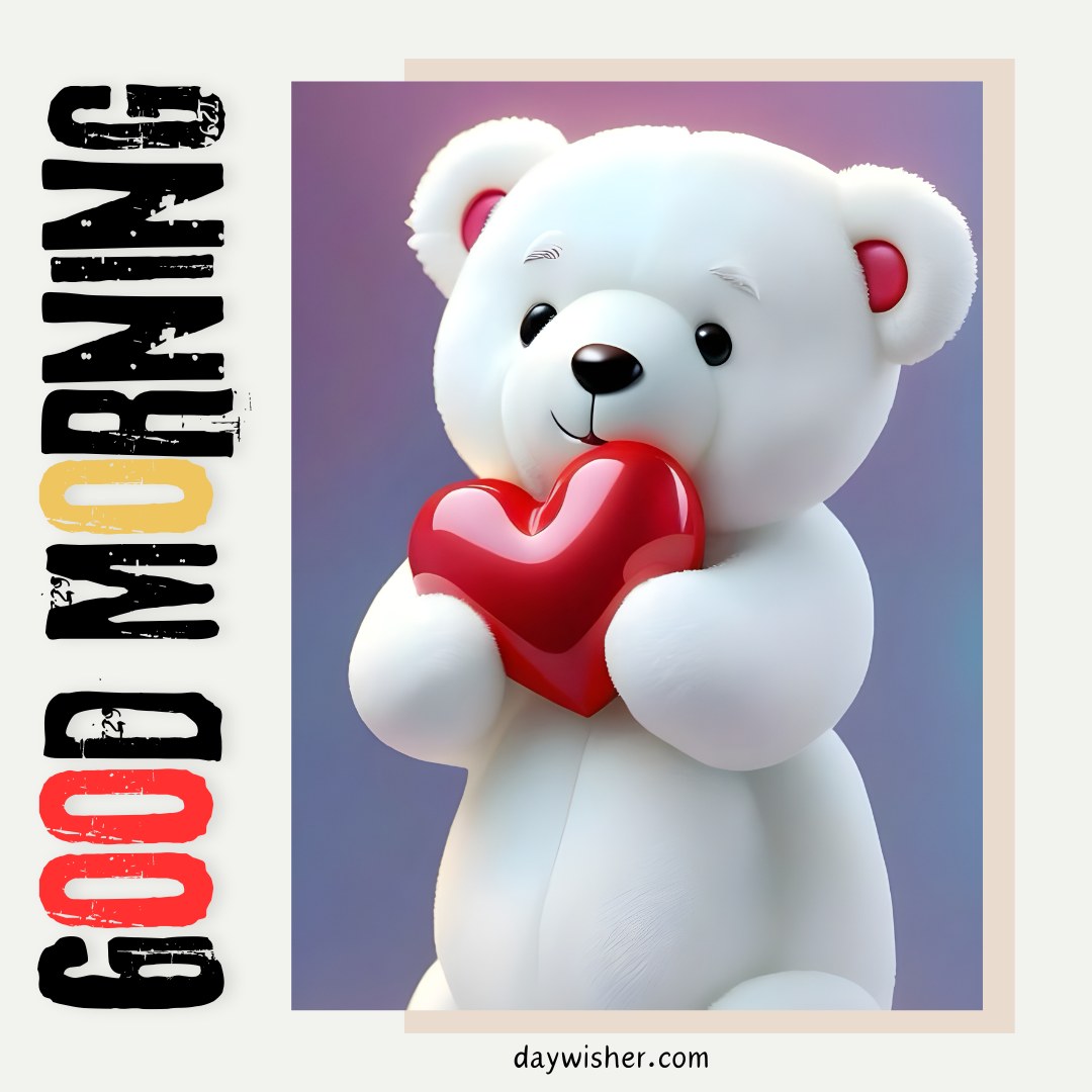 A white good morning teddy bear holding a red heart against a soft gradient background. The image features the text "Good Morning" in bold, colorful letters on the left side, creating a vibrant and cheerful start to the day.