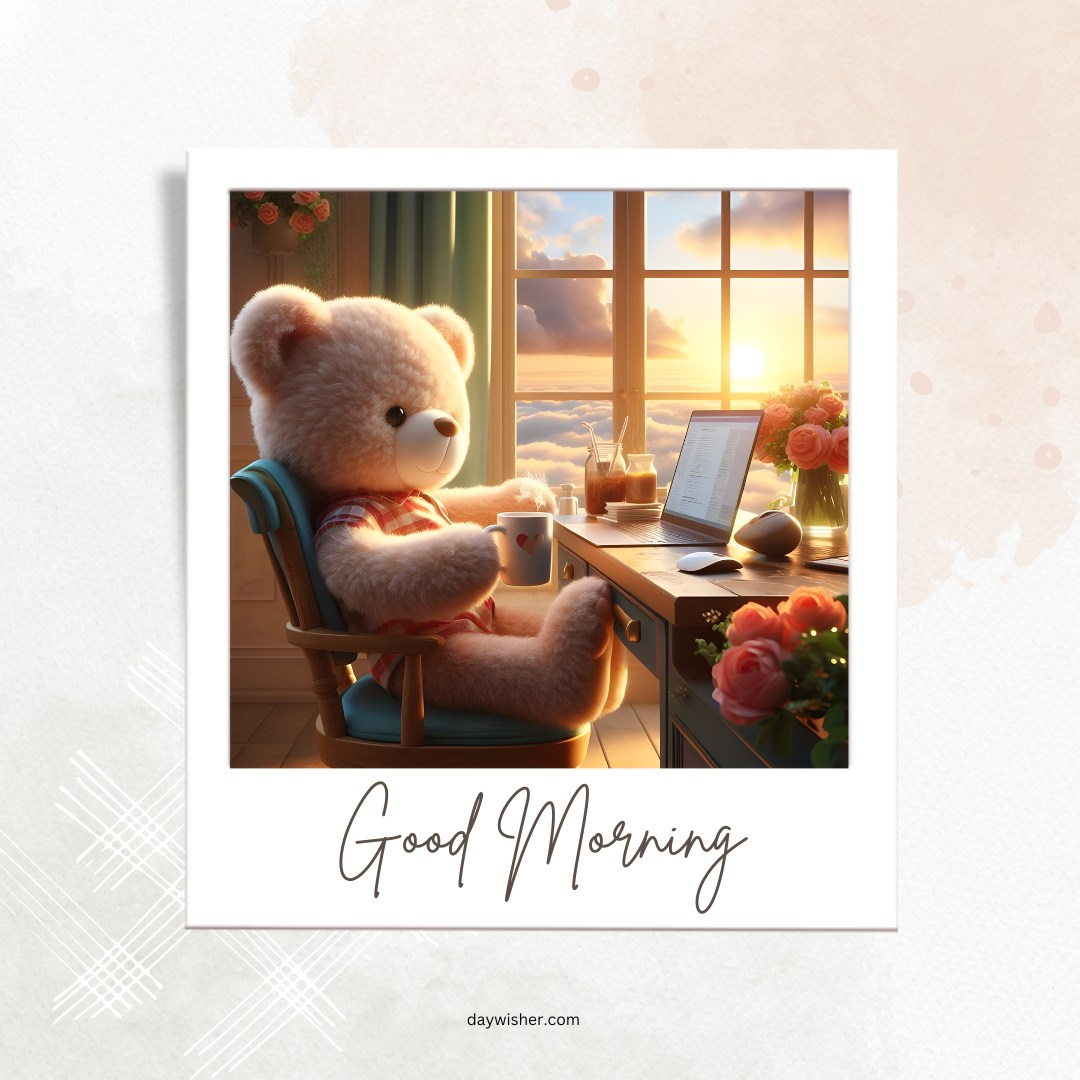 A cute good morning teddy bear sitting at a desk with a cup of coffee and a laptop, surrounded by flowers, with a beautiful sunrise outside the window. The image features the text "Good Morning," creating a serene and productive start to the day.