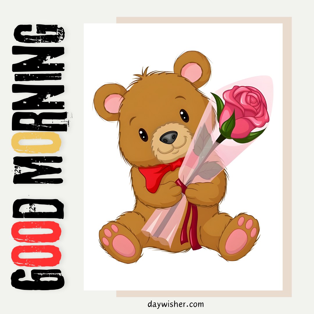 A cute teddy bear holding a pink rose wrapped in a decorative paper, sitting with a cheerful expression. The text "Good Morning" is displayed vertically on the left side in a bold, rustic font, creating a charming and welcoming morning greeting. The image exudes warmth and friendliness