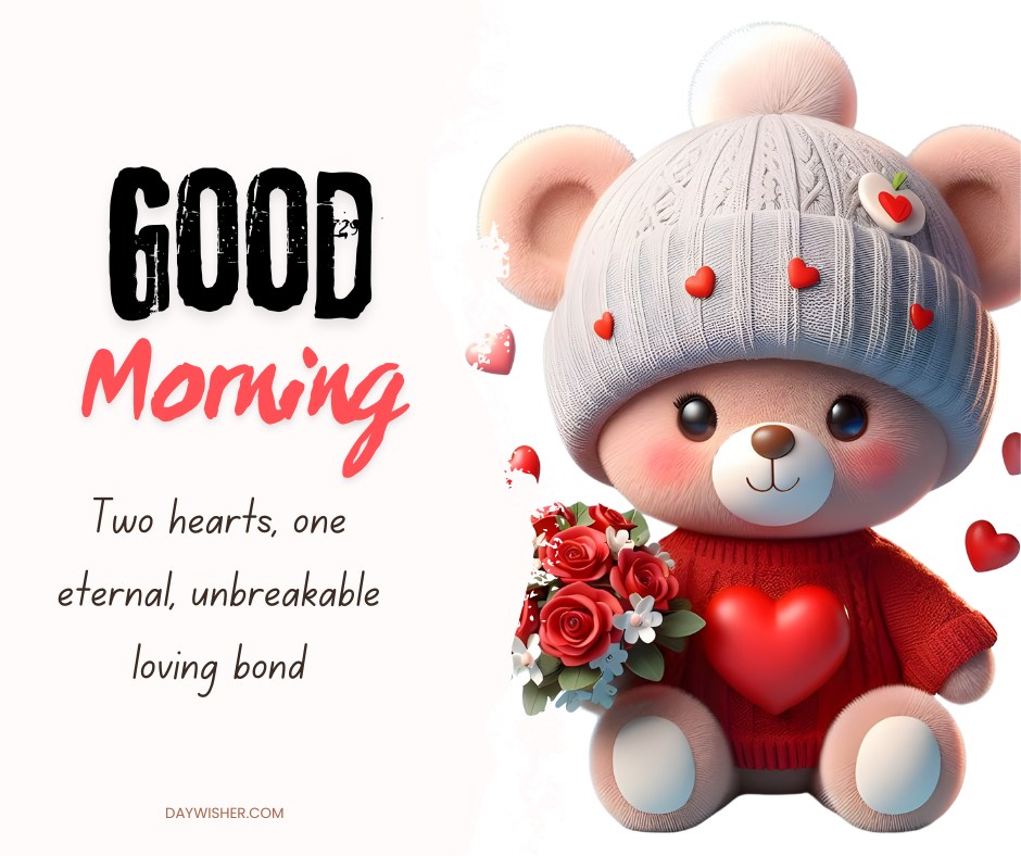 A cute good morning teddy bear wearing a cozy beanie, holding a red heart and a bouquet of roses. The image features the text "Good Morning" and a sweet message: "Two hearts, one eternal, unbreakable loving bond," creating a warm and loving scene