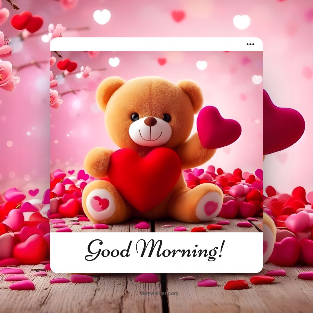 A cheerful good morning teddy bear holding a red heart and surrounded by pink and red heart decorations. The background is filled with blooming cherry blossoms and heart-shaped petals, with the text "Good Morning!" at the bottom, creating a vibrant and loving scene.