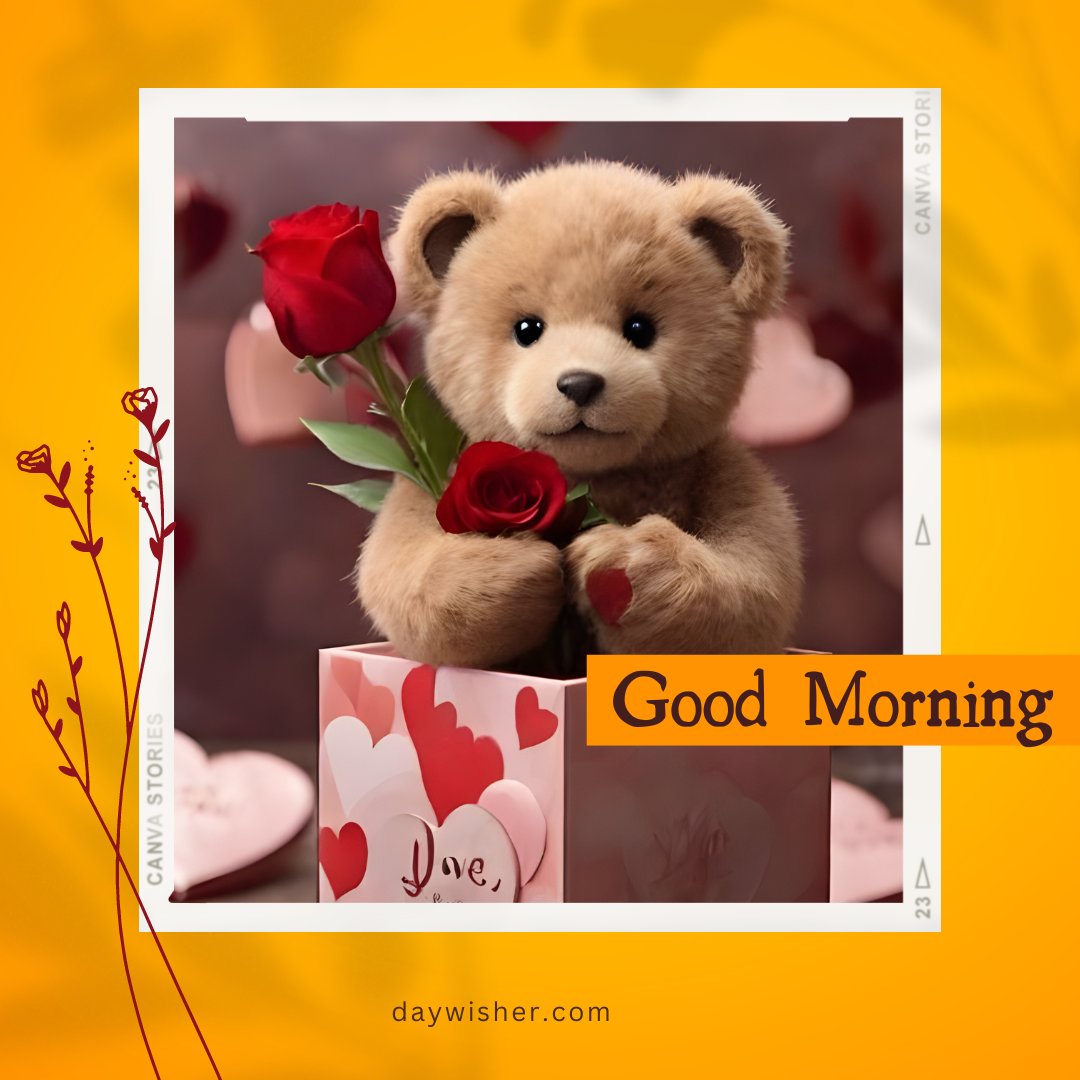 A cute good morning teddy bear holding a bouquet of red roses, sitting in a heart-decorated box. The image features the text "Good Morning" on a vibrant yellow background, creating a warm and loving scene.