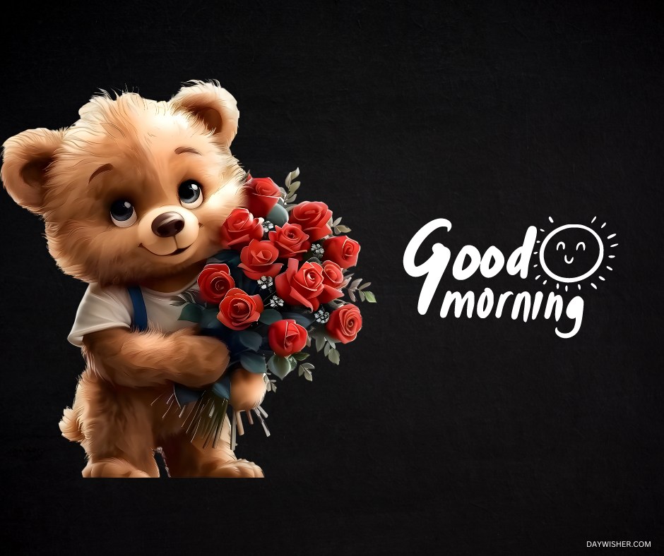 A cute teddy bear holding a bouquet of red roses, with the text "Good Morning" and a smiley sun icon on a black background. The teddy bear's sweet expression and vibrant roses create a warm and affectionate morning greeting.