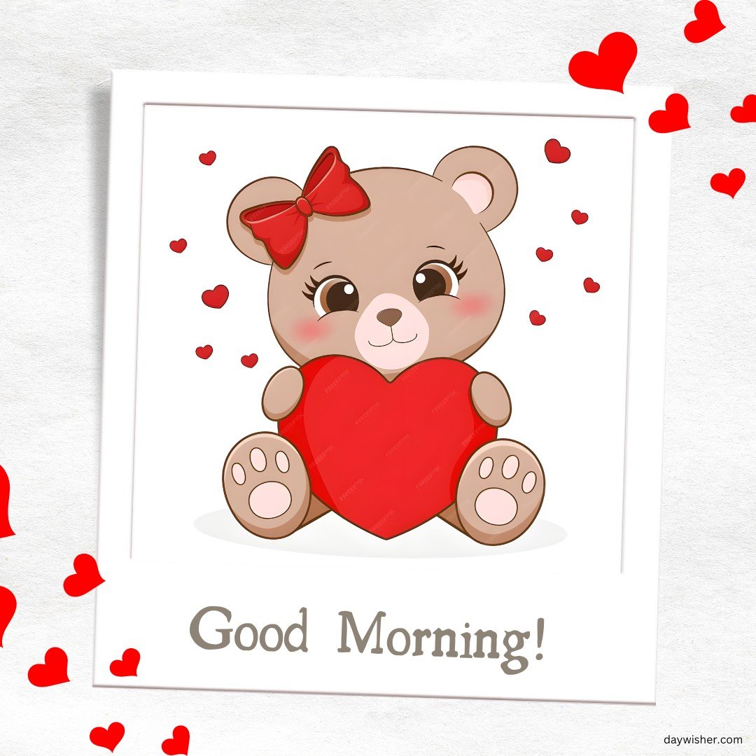 A cute good morning heart image featuring a teddy bear holding a large red heart. The teddy bear has a red bow on its head and is surrounded by small floating hearts. The background is white, and the text "Good Morning!" is displayed at the bottom. This adorable and heartwarming image is perfect for sending cheerful and loving morning greetings.