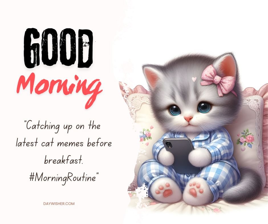 An adorable kitten dressed in blue and white checkered pajamas, sitting comfortably against a frilly pillow. The kitten holds a smartphone in its tiny paws, attentively staring at the screen. A pink bow adorns its ear, adding a cute touch to the cozy scene.
