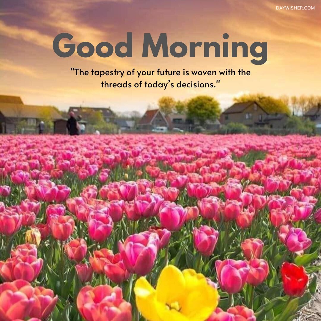 A breathtaking field of vibrant pink and red tulips under a sunrise sky, with a solitary yellow tulip standing out, accompanied by a thoughtful good morning message about future and decisions, perfect as a good morning flowers image that inspires and captivates.