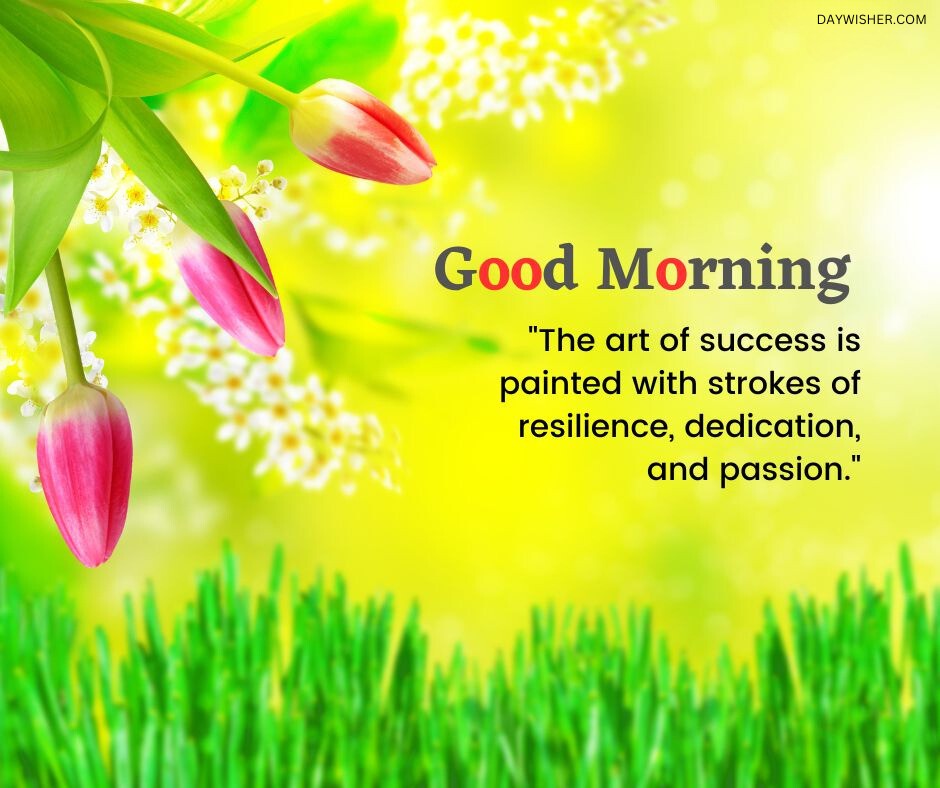 Vivid pink tulips and delicate baby's breath flowers against a bright yellow background with a motivational good morning message about success and passion, perfect as a good morning flowers image that inspires resilience and dedication.