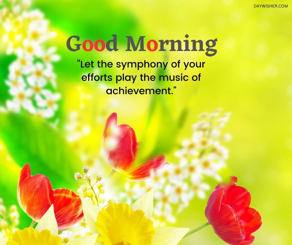 A vivid display of red tulips and yellow daffodils with a cheerful good morning message about the symphony of efforts and achievement, making this a perfect good morning flowers image that inspires and energizes.