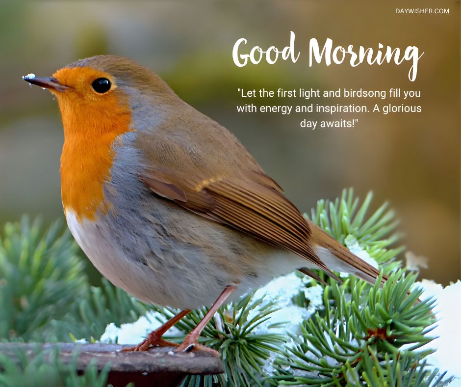 Good Morning - A charming European robin perched delicately on a snow-dusted pine branch. Its vibrant orange breast contrasts beautifully against the muted greens and soft snow, creating a serene winter scene. The message 'Let the first light and birdsong fill you with energy and inspiration. A glorious day awaits!' adds a touch of warmth and optimism to the chilly morning.