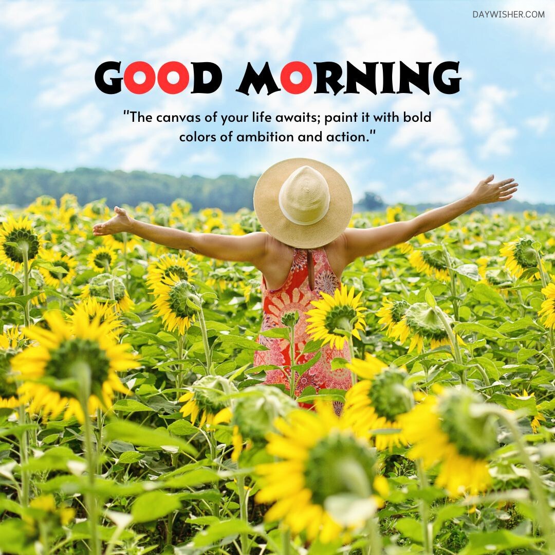 A joyful scene of a woman with open arms standing amidst a vast field of towering sunflowers under a clear blue sky. This good morning flowers image captures the essence of ambition and action, as suggested by the inspirational quote, making it ideal for sharing a message of optimism and encouragement for the day ahead.