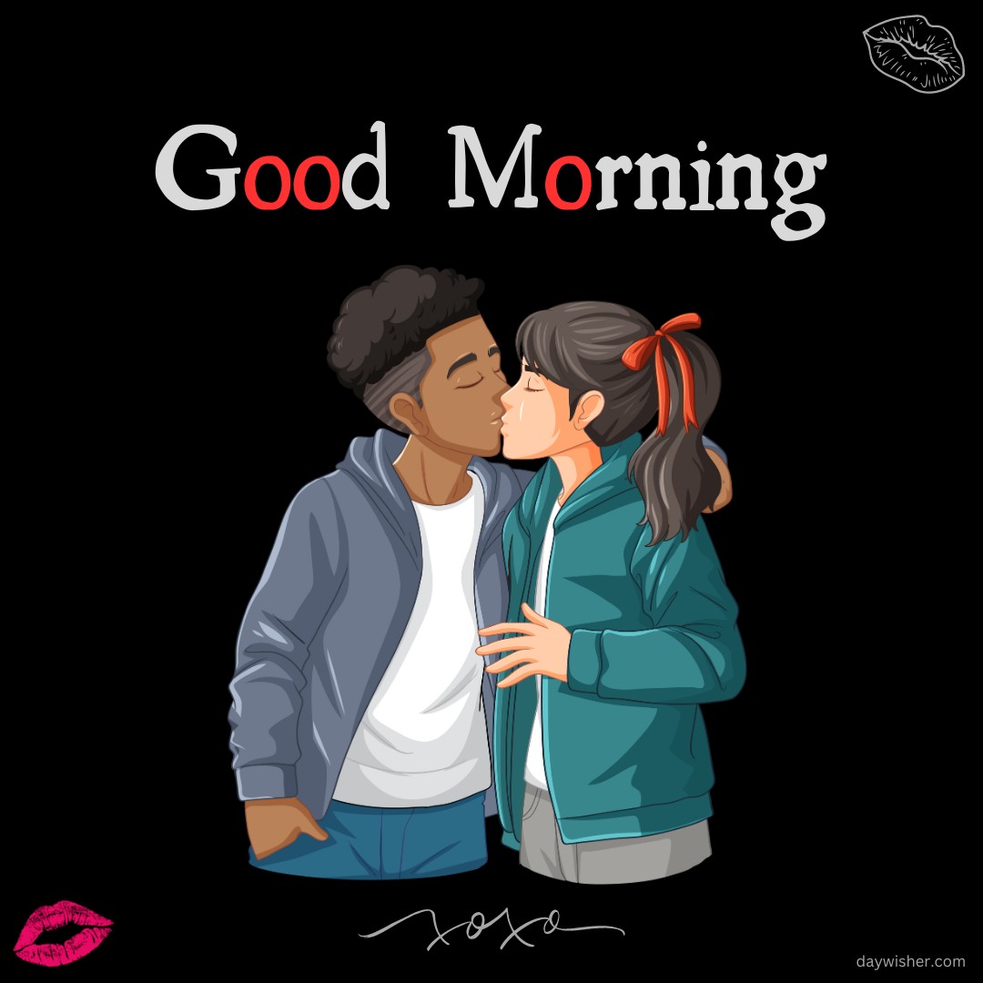 An illustration of a young couple sharing a sweet kiss, with the text "Good Morning" written above in stylish letters, accented with a red 'O'. Pink lip prints and "xoxo" add a romantic touch, making this image perfect for a charming morning greeting.