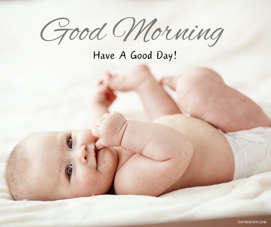 A cheerful image of a baby lying on a white blanket, looking upwards, with text overlay saying "Good Morning, Have A Good Day!" in elegant script. This good morning baby image captures the essence of cuteness overload.