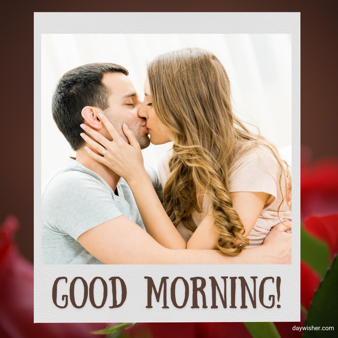 A couple sharing a tender kiss indoors. The man has short dark hair and is wearing a light gray shirt, while the woman with long wavy hair is holding his face gently and wearing a light pink top. The image is framed with a white border, and "GOOD MORNING!" is written in bold brown letters at the bottom. The background features a soft blur with hints of red flowers.