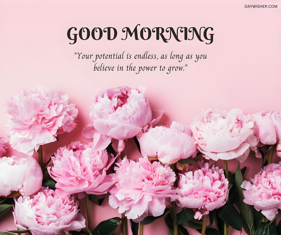 Lush pink peonies arranged beautifully against a pink backdrop with an inspirational good morning quote, ideal for a refreshing good morning flowers image.