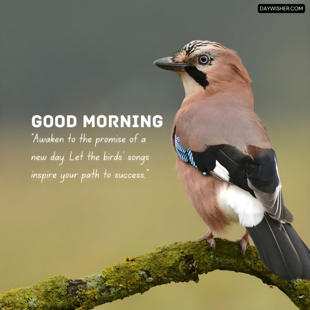 An exquisite close-up of a Eurasian Jay perched on a mossy branch, with a muted background that emphasizes the bird's striking features. The bird's detailed plumage, in shades of brown and cream with striking blue accents on the wings, is vividly captured. Above the image, the phrase 'GOOD MORNING' is presented along with an inspiring message: 'Awaken to the promise of a new day. Let the birds' songs inspire your path to success.