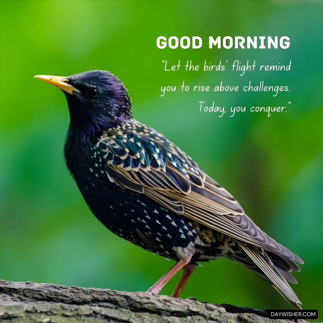 A close-up image of a starling, showcasing its iridescent plumage with hues of purple and green against a bright green background. The bird stands alert on a bark, enhancing the image with a sense of readiness. The top portion displays the text 'GOOD MORNING' in bold white letters, accompanied by an encouraging quote: 'Let the birds' flight remind you to rise above challenges. Today, you conquer.