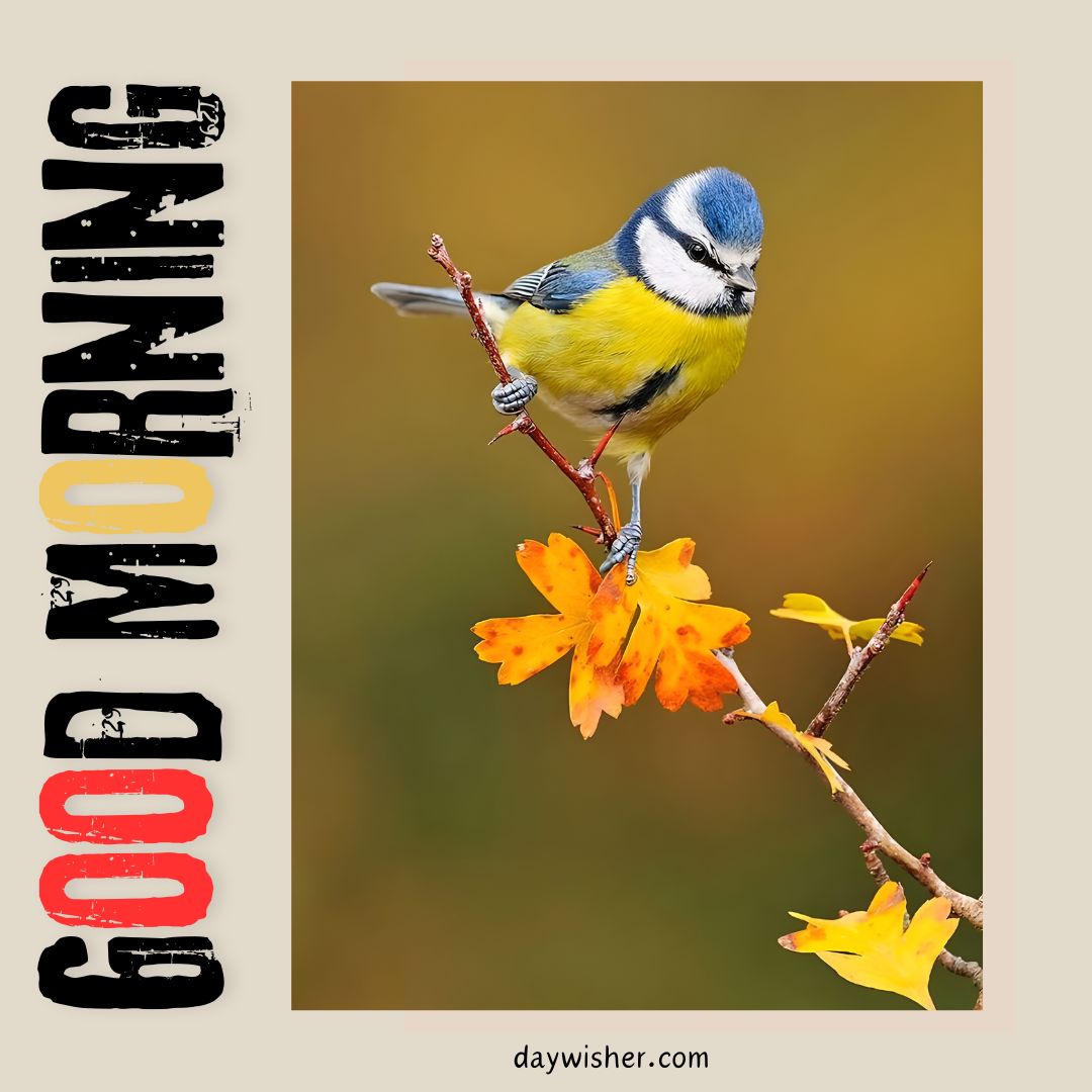 A blue tit perched gracefully on a branch adorned with bright autumn leaves, showcasing its striking blue and yellow plumage against a soft golden background. A serene good morning birds image to start the day with a touch of nature's beauty.