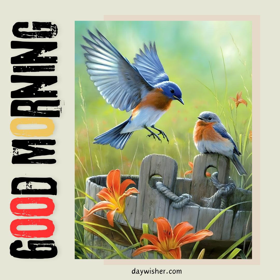 A painting of two bluebirds near a rustic wooden bucket, one in flight showing its spread wings and the other perched calmly, surrounded by bright orange lilies, epitomizing a lively good morning birds image.