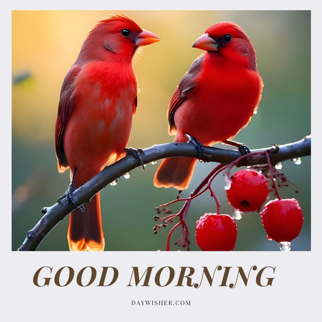 Two vivid red cardinals perched on a branch with dewy red berries, capturing the serene essence of morning. Ideal for good morning birds images.