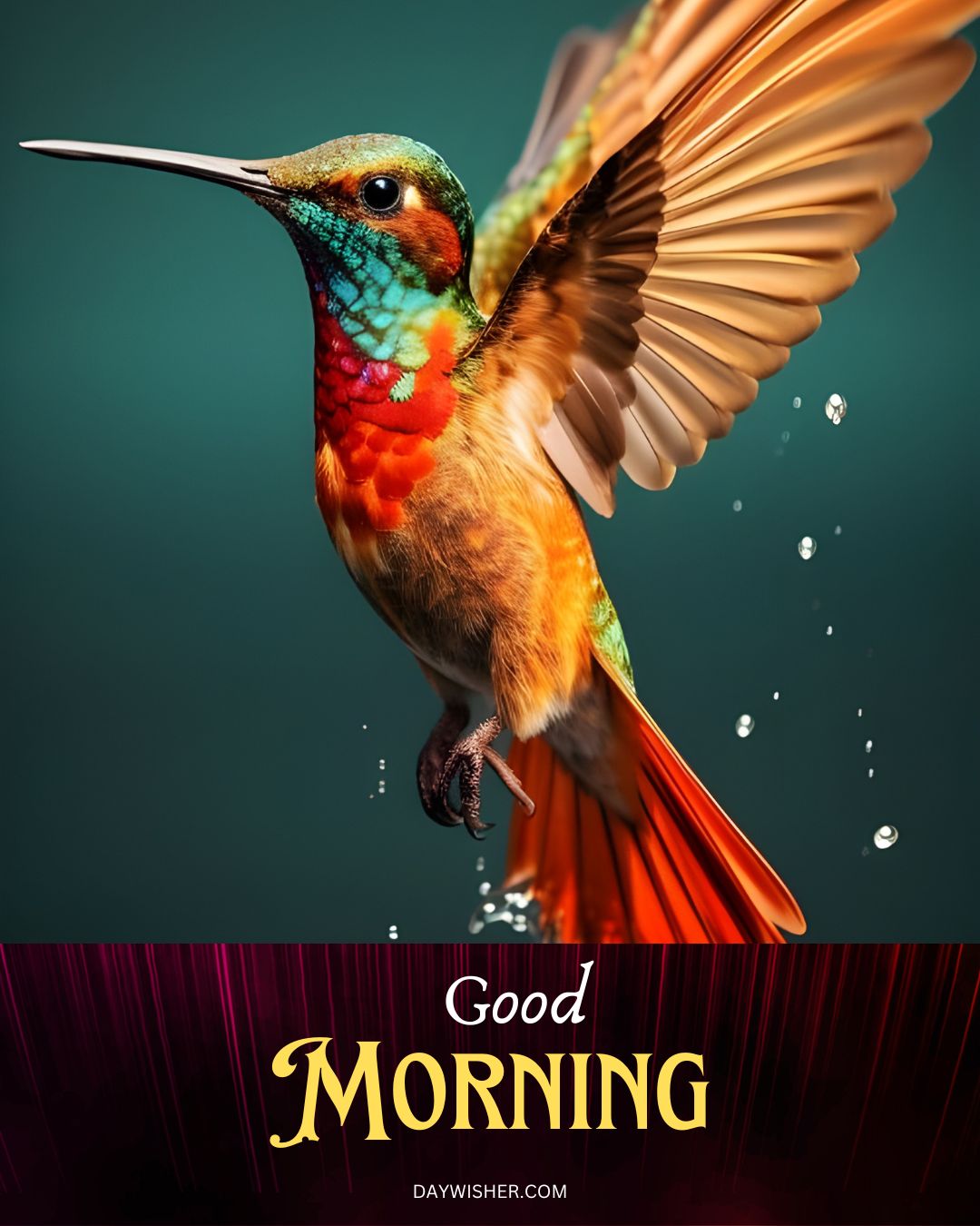 A breathtaking image of a hummingbird in mid-flight, its vibrant feathers glistening as it skims over water, creating ripples and droplets around. This vivid good morning birds image captures the dynamic beauty and energy of nature at dawn.