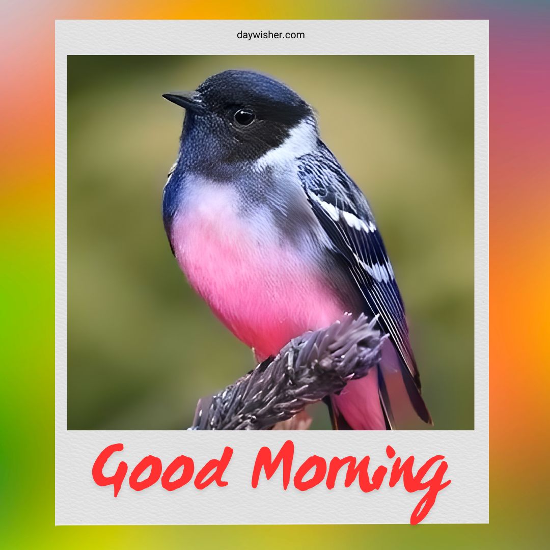 Close-up of a striking bird with black and pink plumage perched delicately on a vibrant pink flower, a perfect depiction for good morning birds images, capturing the beauty of nature at dawn.