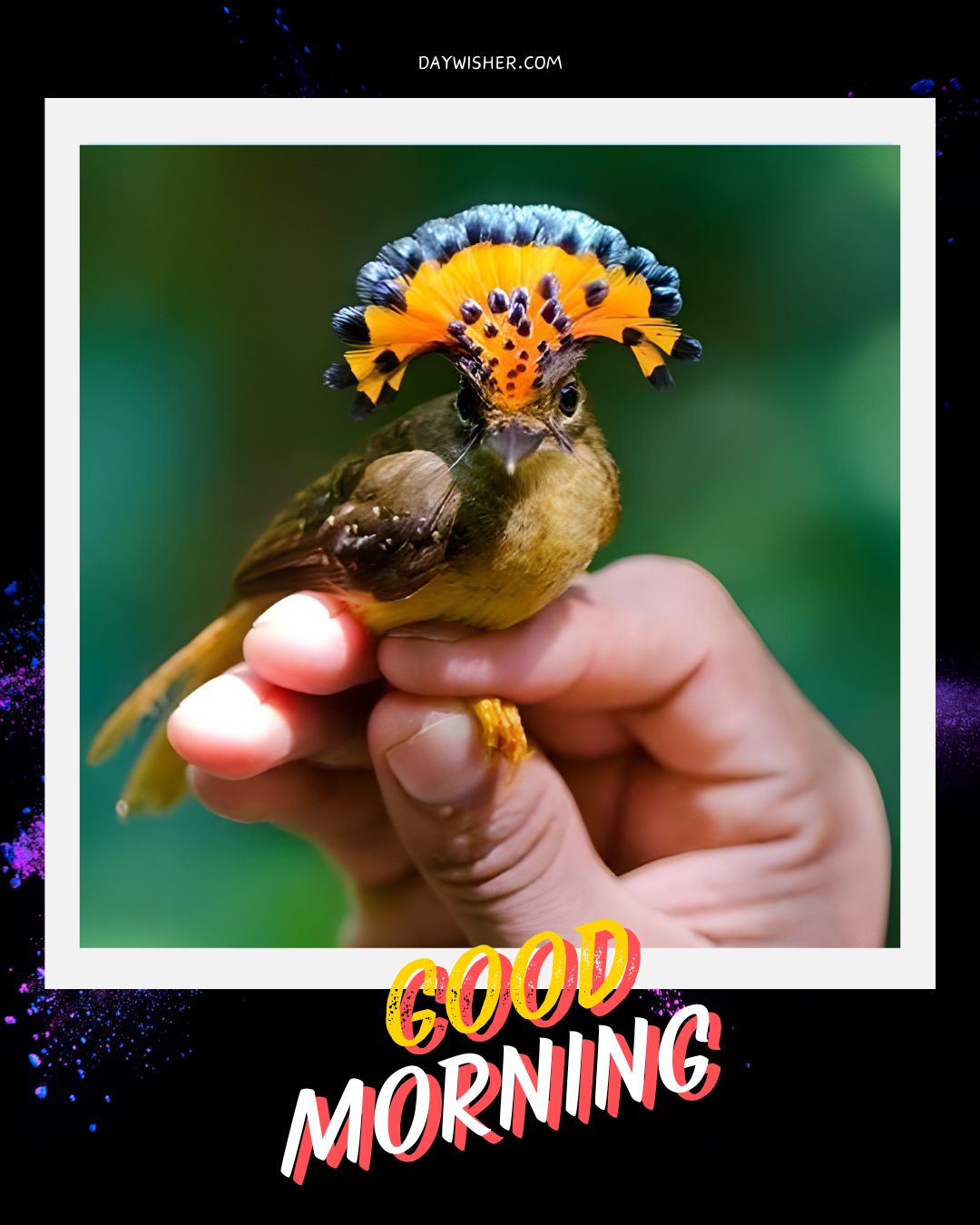 A rare royal flycatcher with its ornate orange and blue crest fanned out, perched gently on a human hand against a soft green background. This extraordinary good morning birds image captures a moment of connection between human and nature