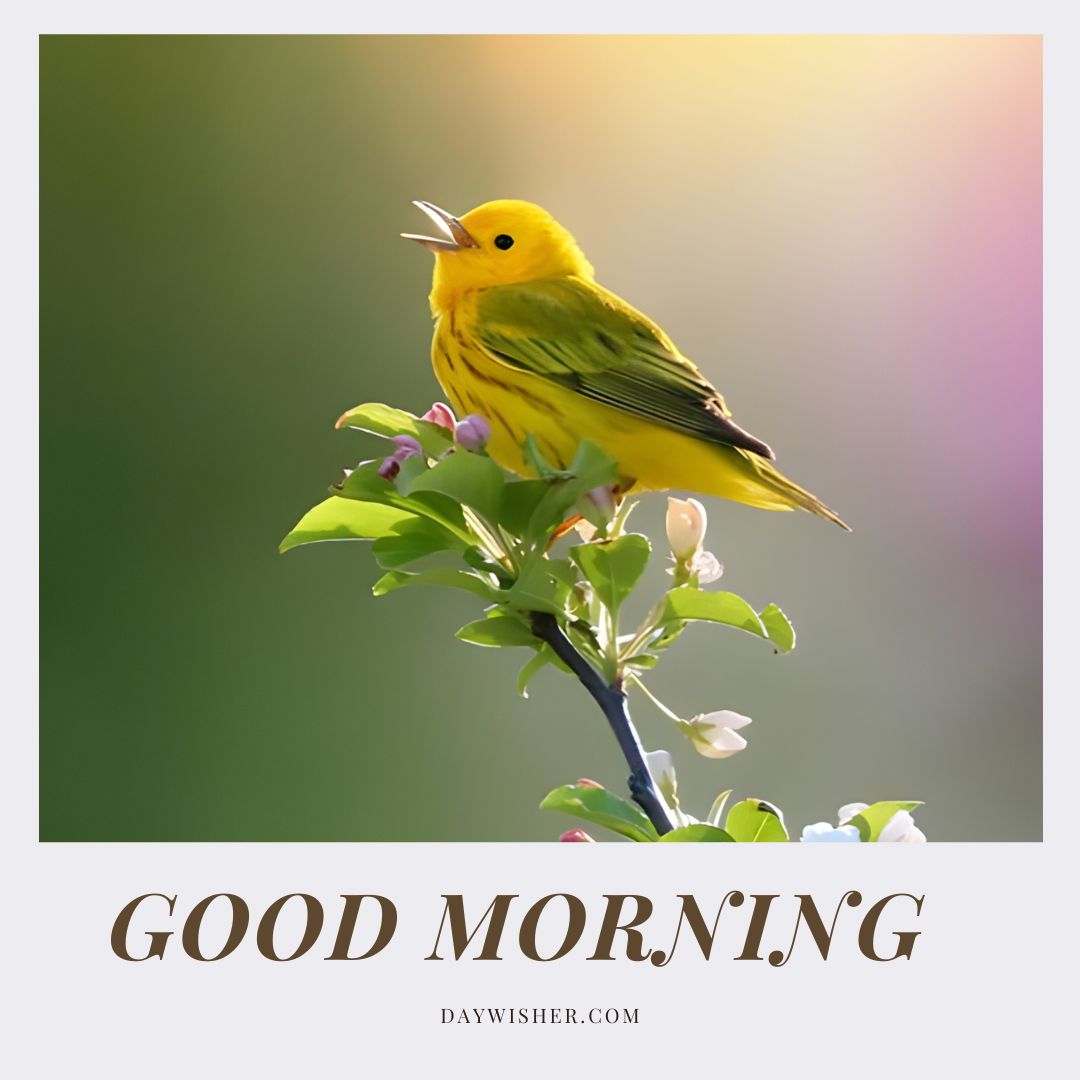 A vibrant yellow bird singing atop a blossoming branch, with soft morning light illuminating the scene. This image is a perfect representation of good morning birds images, capturing the essence of a fresh new day.