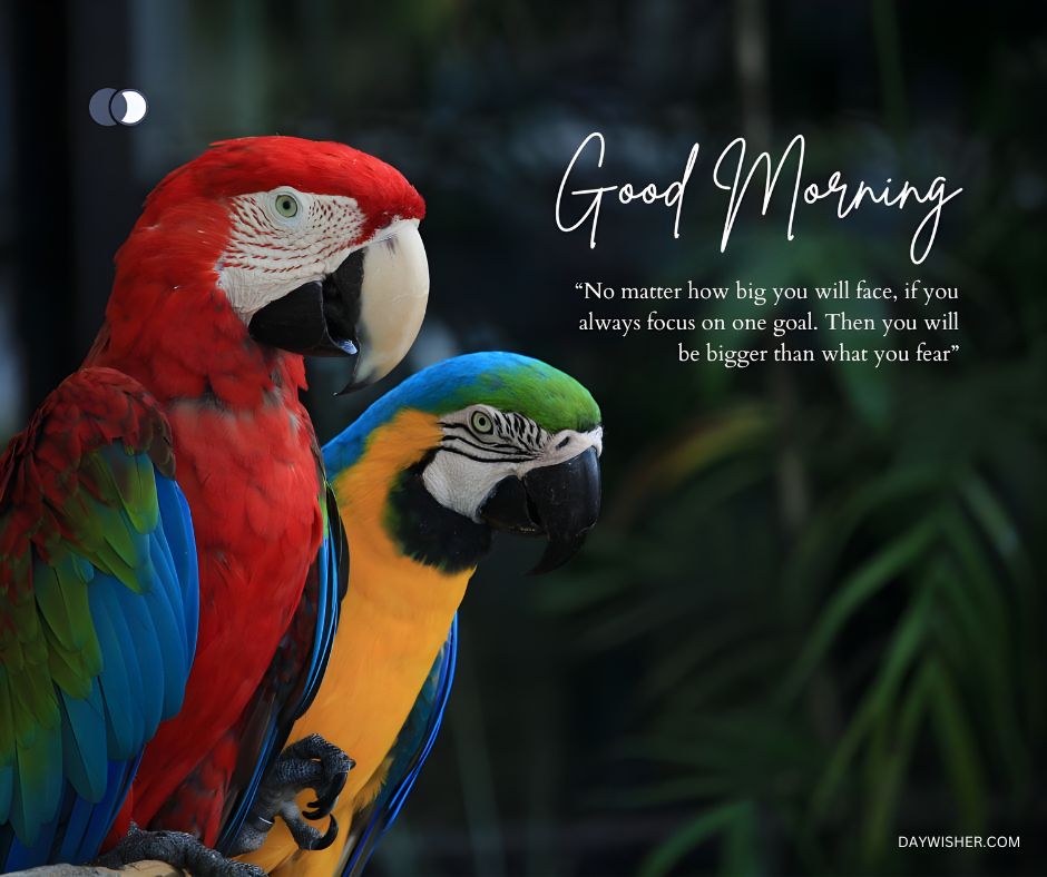 Two parrots, one a vibrant red and the other a stunning mix of blue, yellow, and green, sit side-by-side against a dark, leafy background. The red parrot gazes off to the side with a thoughtful expression, while the blue parrot turns towards it, creating a moment of connection. The image is adorned with an elegant 'Good Morning' script and a motivational quote: 'No matter how big you will face, if you always focus on one goal. Then you will be bigger than what you fear