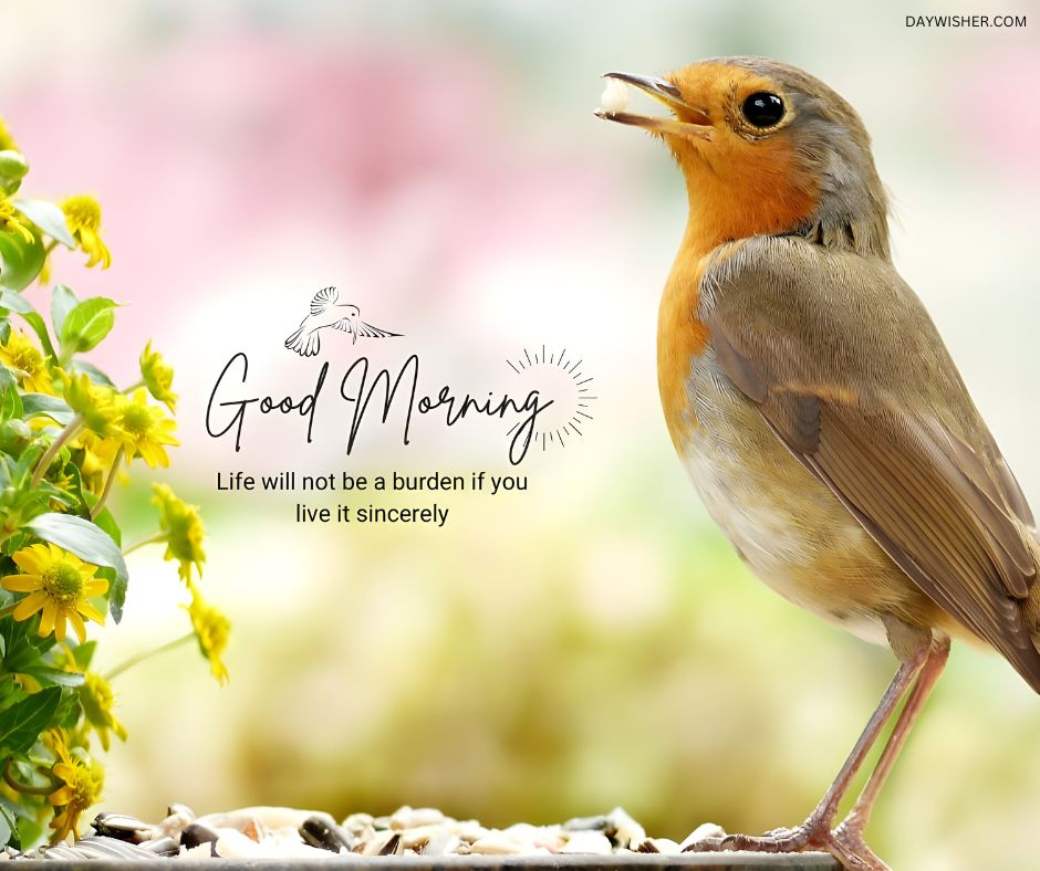 A charming robin stands alert on a stone surface, surrounded by blooming yellow flowers and a pastel-colored background that evokes a soft, early morning feel. The robin, detailed in shades of orange and brown, looks upward, creating a hopeful and serene image. The image is accented with elegant 'Good Morning' text and a thoughtful quote about living life sincerely.