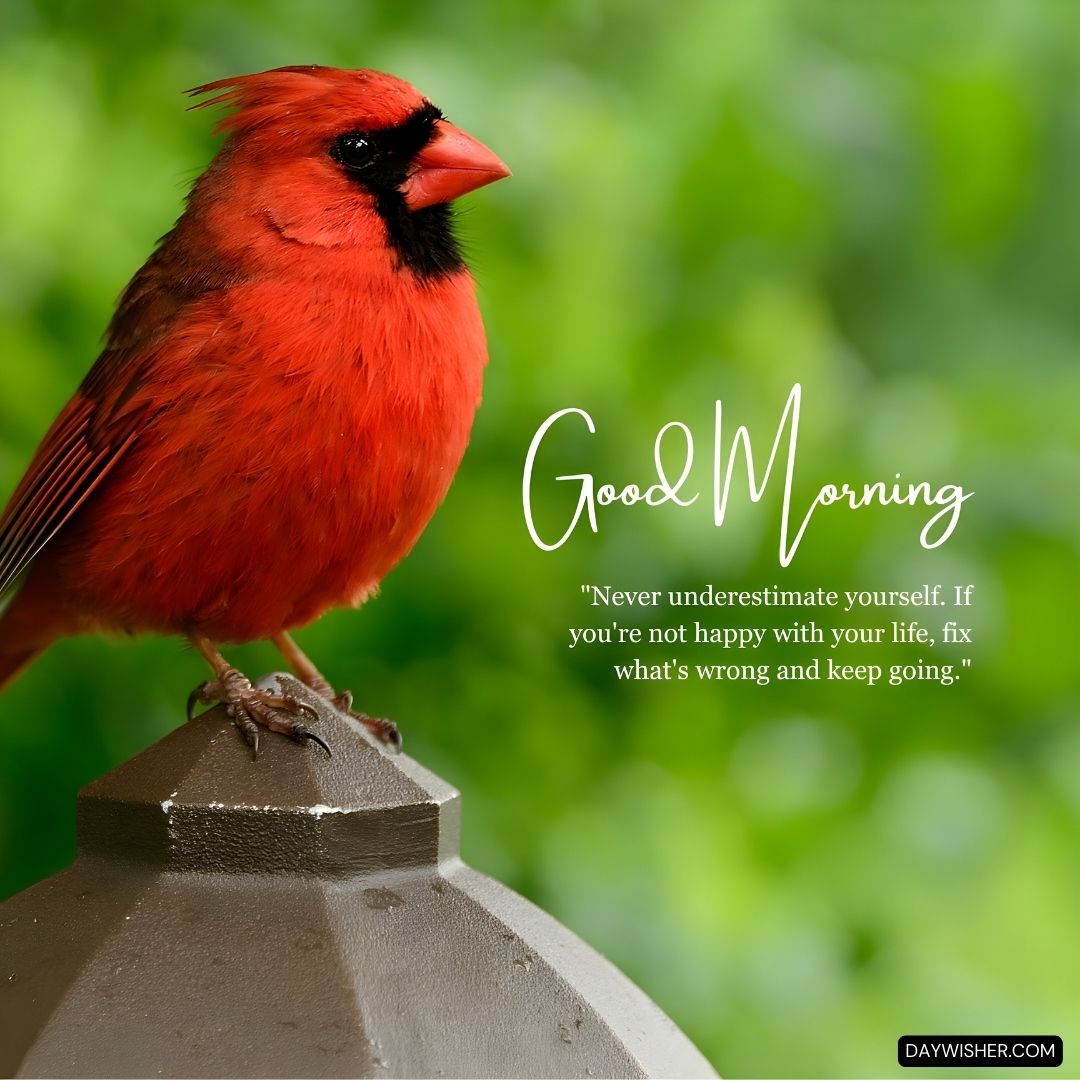 A strikingly vibrant red cardinal perched on a gray bird feeder against a lush green background. The bright red feathers of the cardinal make a bold contrast with the natural setting. The image includes the message 'Good Morning' in flowing white script along with an empowering quote: 'Never underestimate yourself. If you're not happy with your life, fix what's wrong and keep going.